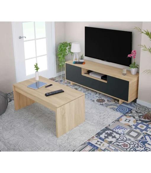 Mueble de TV Zubia tres Puertas y hueco central Acabado en roble y gris antracita 150 cm (Ancho) x 46 cm (Alto) x 41 cm (Fondo)
