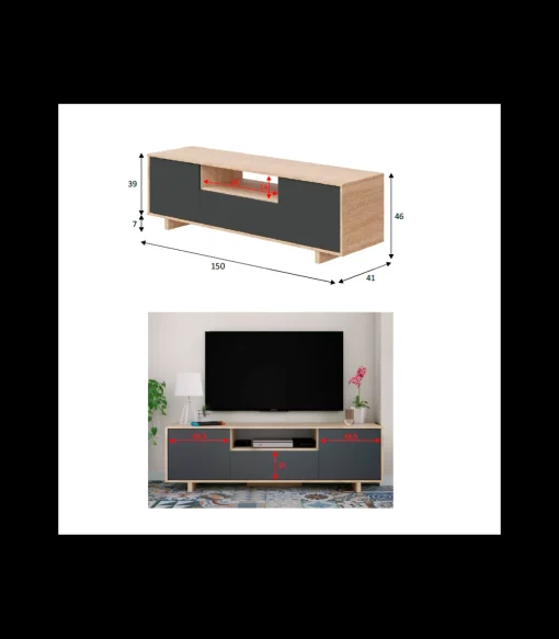 Mueble de TV Zubia tres Puertas y hueco central Acabado en roble y gris antracita 150 cm (Ancho) x 46 cm (Alto) x 41 cm (Fondo)