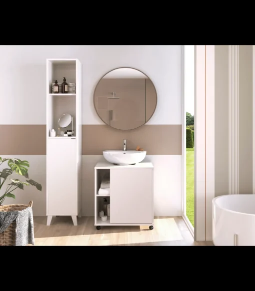 Mueble para tapar pie de lavabo Sintra acabado blanco, 64cm (alto) x 59cm (ancho) x 45cm (fondo).