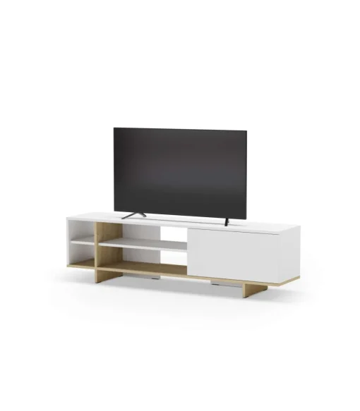 Mueble para televisión 1 puerta y 4 huecos Celia acabado blanco/roble, 44cm(alto) 160cm(ancho) 35.6cm(largo).