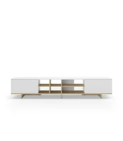 Mueble para televisión 2 puertas y 6 huecos Celia acabado blanco/roble, 44cm(alto) 230cm(ancho) 35.6cm(largo).