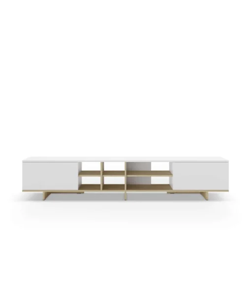 Mueble para televisión 2 puertas y 6 huecos Celia acabado blanco/roble, 44cm(alto) 230cm(ancho) 35.6cm(largo).