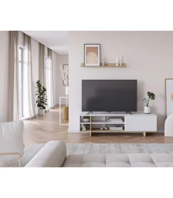 Mueble para televisión 1 puerta y 4 huecos Celia acabado blanco/roble, 44cm(alto) 160cm(ancho) 35.6cm(largo).
