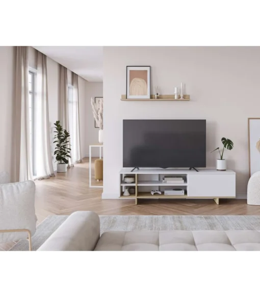 Mueble para televisión 1 puerta y 4 huecos Celia acabado blanco/roble, 44cm(alto) 160cm(ancho) 35.6cm(largo).