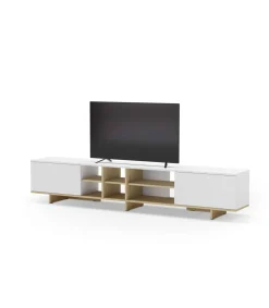 Mueble para televisión 2 puertas y 6 huecos Celia acabado blanco/roble, 44cm(alto) 230cm(ancho) 35.6cm(largo).
