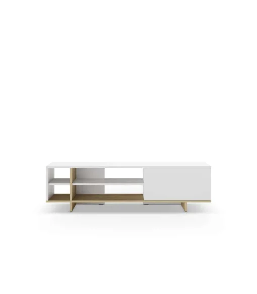 Mueble para televisión 1 puerta y 4 huecos Celia acabado blanco/roble, 44cm(alto) 160cm(ancho) 35.6cm(largo).