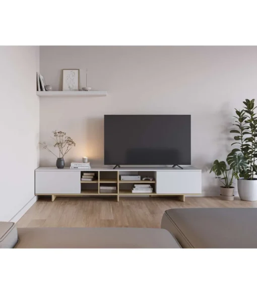 Mueble para televisión 2 puertas y 6 huecos Celia acabado blanco/roble, 44cm(alto) 230cm(ancho) 35.6cm(largo).