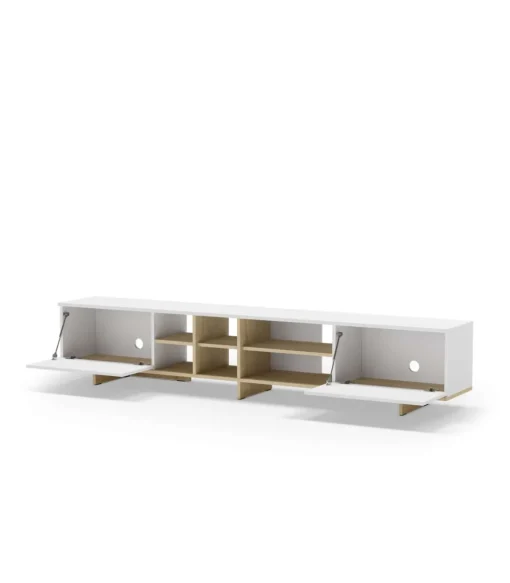 Mueble para televisión 2 puertas y 6 huecos Celia acabado blanco/roble, 44cm(alto) 230cm(ancho) 35.6cm(largo).