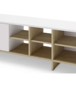 Mueble para televisión 2 puertas y 6 huecos Celia acabado blanco/roble, 44cm(alto) 230cm(ancho) 35.6cm(largo).