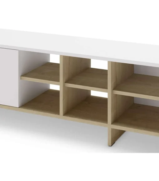 Mueble para televisión 2 puertas y 6 huecos Celia acabado blanco/roble, 44cm(alto) 230cm(ancho) 35.6cm(largo).