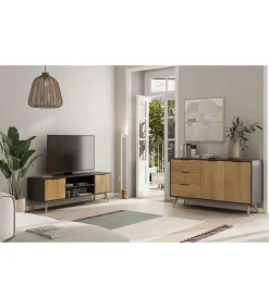 Mueble para televisión modelo Julen 2 puertas 2 huecos acabado natural/bocamina, 140cm(ancho) 53cm(alto) 40cm (fondo)