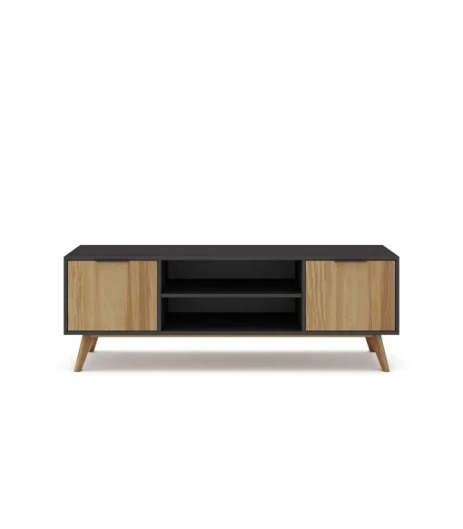 Mueble para televisión modelo Julen 2 puertas 2 huecos acabado natural/bocamina, 140cm(ancho) 53cm(alto) 40cm (fondo)