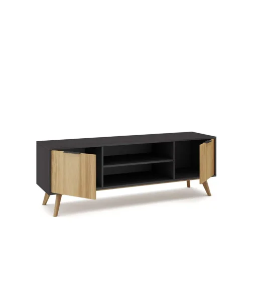 Mueble para televisión modelo Julen 2 puertas 2 huecos acabado natural/bocamina, 140cm(ancho) 53cm(alto) 40cm (fondo)