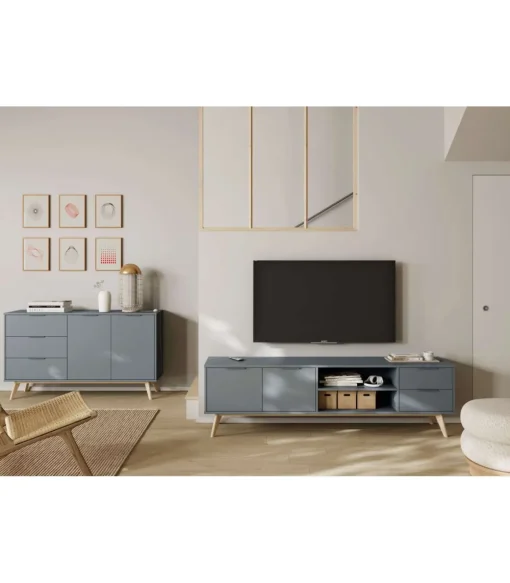 Mueble para televisión Nicolás acabado verde kaki/cera blanca, 53cm(alto) 180cm(ancho) 40cm(fondo)..