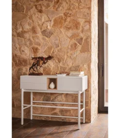 Mueble recibidor modelo Corvo 1 puerta 2 cajones acabado crema, 35cm(ancho) 90cm(alto) 120cm (largo)