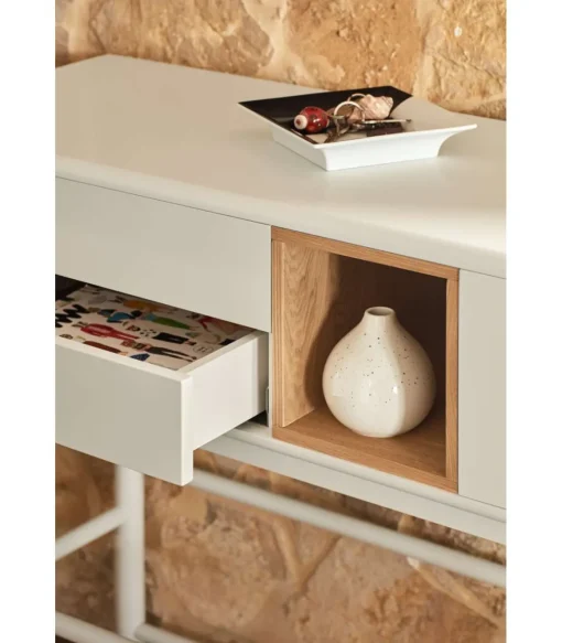 Mueble recibidor modelo Corvo 1 puerta 2 cajones acabado crema, 35cm(ancho) 90cm(alto) 120cm (largo)