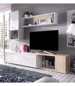 Mueble salón Escañuela flexible en blanco brillo/natural