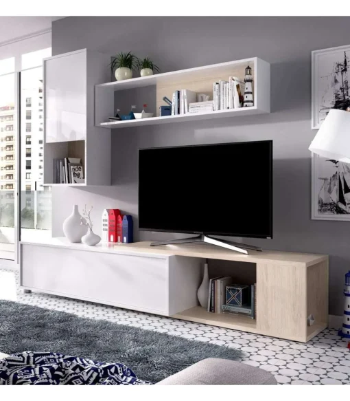 Mueble salón Escañuela flexible en blanco brillo/natural