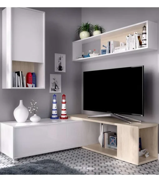 Mueble salón Escañuela flexible en blanco brillo/natural