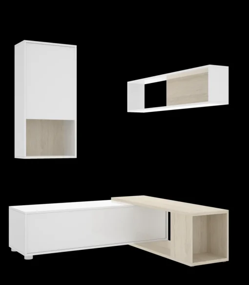 Mueble salón Escañuela flexible en blanco brillo/natural