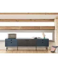 Mueble televisión para comedor modelo Punto 2 puertas 4 cajones acabado azul/negro, 40cm(ancho) 52cm(alto) 180cm (largo)