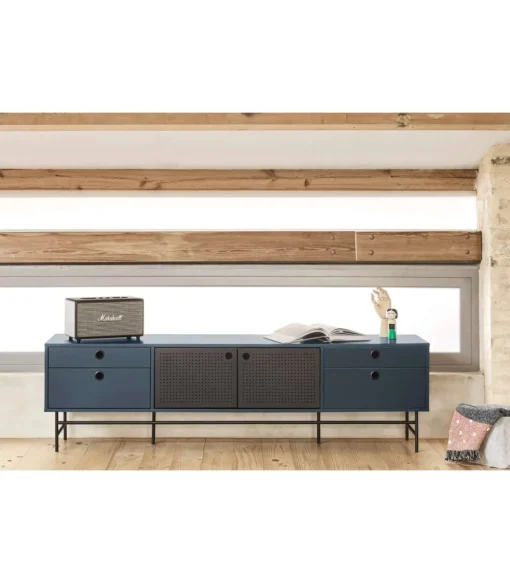 Mueble televisión para comedor modelo Punto 2 puertas 4 cajones acabado azul/negro, 40cm(ancho) 52cm(alto) 180cm (largo)