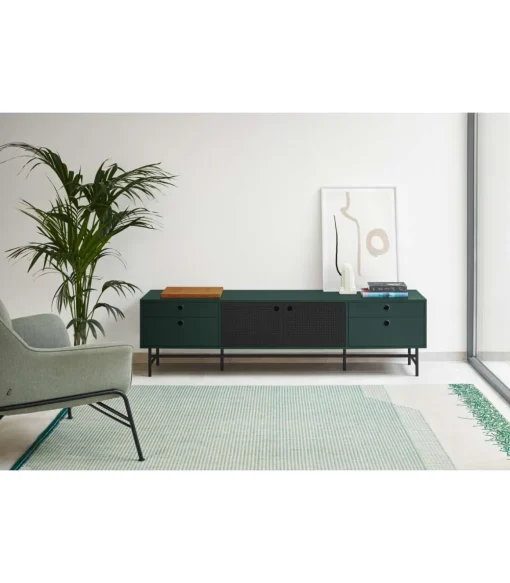 Mueble televisión para comedor modelo Punto 2 puertas 4 cajones acabado verde/negro, 40cm(ancho) 52cm(alto) 180cm (largo)