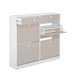 Mueble Zapatero Pili con 4 trampones 2 cajones en blanco/textil. 116.8cm(ancho) 104.3cm(altura) 27cm(fondo)