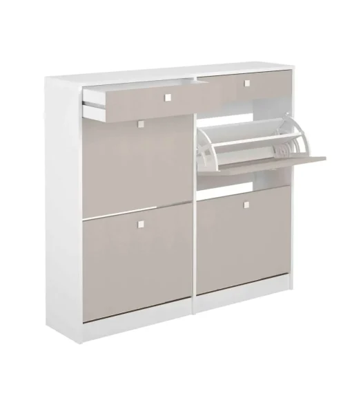 Mueble Zapatero Pili con 4 trampones 2 cajones en blanco/textil. 116.8cm(ancho) 104.3cm(altura) 27cm(fondo)