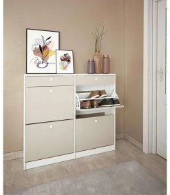 Mueble Zapatero Pili con 4 trampones 2 cajones en blanco/textil. 116.8cm(ancho) 104.3cm(altura) 27cm(fondo)
