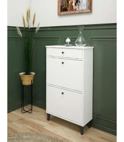 Mueble Zapatero Pili con 2 trampones 1 cajón en blanco soft, 61.1cm(ancho) 110cm(altura) 25.2cm(fondo)