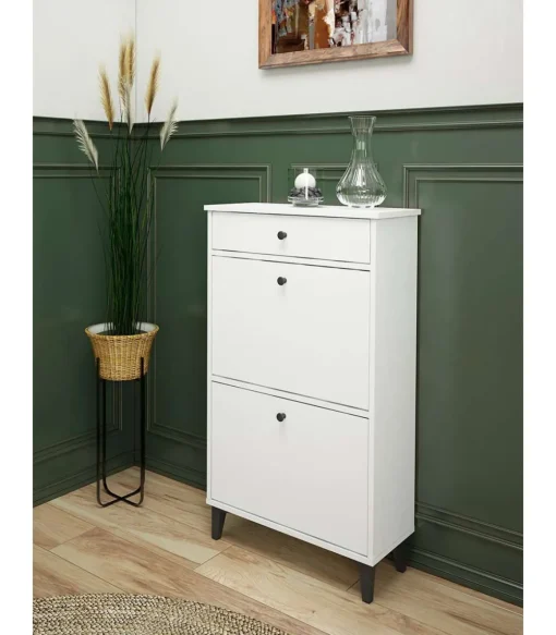 Mueble Zapatero Pili con 2 trampones 1 cajón en blanco soft, 61.1cm(ancho) 110cm(altura) 25.2cm(fondo)