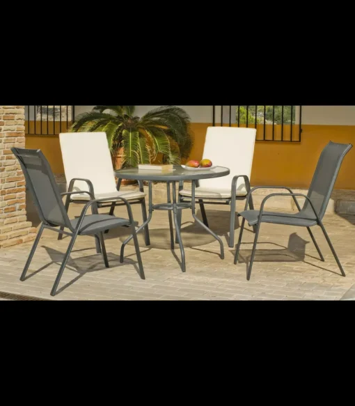 Pack de 2 sillones apilables terraza jardín Sulam-3 acero /textilen gris antracita, 94cm(alto) 54cm(ancho) 84cm(fondo)