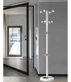 Perchero mod. 421 con paragüero herrajes en cromo satinado lacado blanco, 180 cm(alto)37 cm(ancho)37 cm(largo)