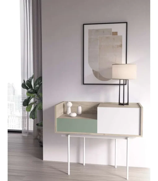 Recibidor modelo 671 acabado roble combinado con blanco y verde, 84cm(alto) 98cm(ancho) 31cm(prof.)