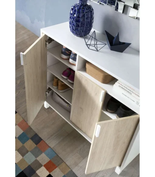 Recibidor zapatero 3 puertas Modelo 520 acabado blanco/roble claro. 88 cm (alto) x 100 cm (ancho) x 37 cm (prof.)