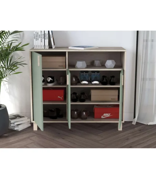 Recibidor zapatero 3 puertas Modelo 520 acabado roble claro/verde. 88 cm (alto) x 100 cm (ancho) x 37 cm (prof.)