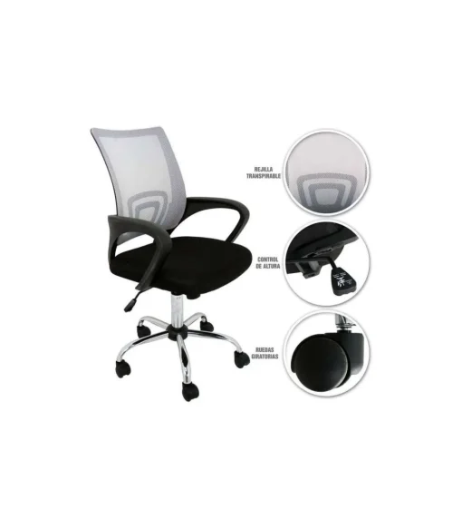 Silla despacho giratoria Martina tapizada en tejido transpirable gris/negro. Alto: 88-98, Ancho: 57, Fondo: 53.5.