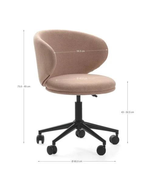 Sillón despacho giratorio elevable Rebeca acabado rosa clara, 60.5m(ancho) 73.5/83cm(altura) 60.5cm(fondo)