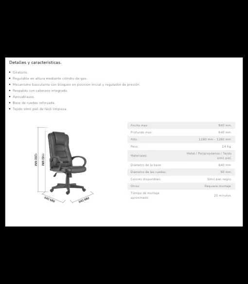 Sillón despacho giratorio Henry símil piel negro 118-126cm(alto) 64cm(ancho) 64cm(fondo).