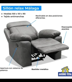 Sillón relax manual Málaga tapizado en tela gris, 101cm(alto) 100cm(ancho) 90cm(fondo)