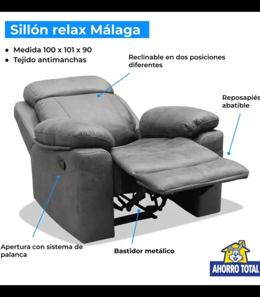 Sillón relax manual Málaga tapizado en tela gris, 101cm(alto) 100cm(ancho) 90cm(fondo)