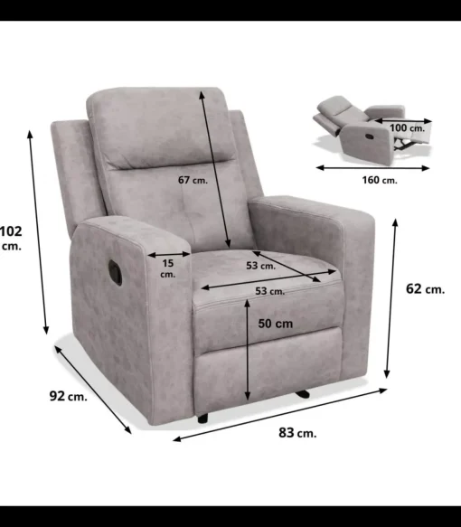 Sillón relax manual Nadal tapizado cemento, 83cm(Ancho) 92cm (Fondo) 102cm(Alto)