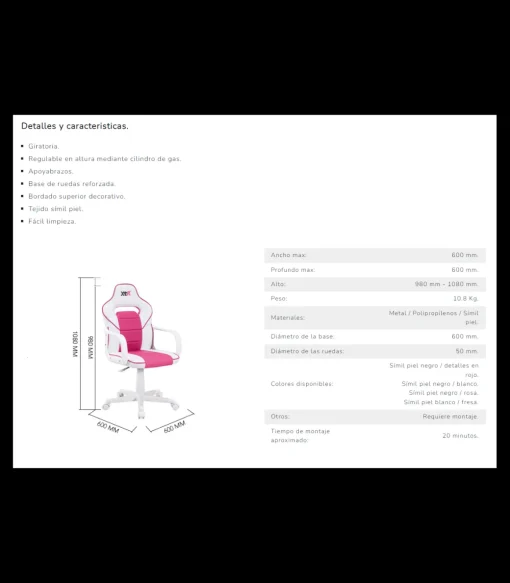 Sillon giratorio Xtr Junior regulable en altura en símil piel blanco/rosa, 98-108 cm(alto)60 cm(ancho)60 cm(largo)