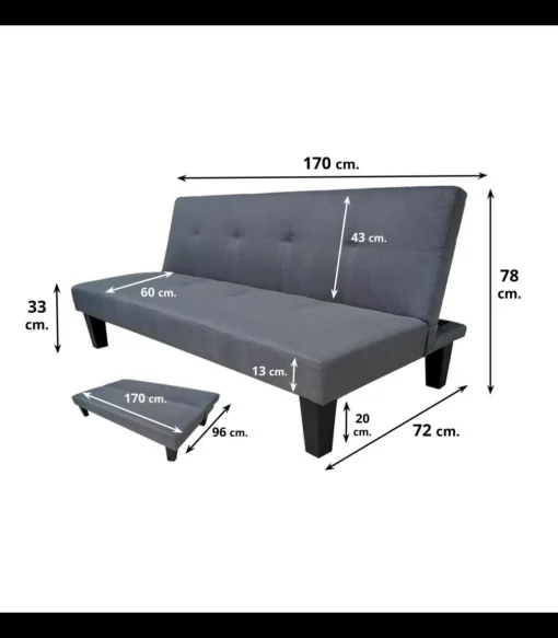 Sofá cama clic clac modelo Tinder tapizado gris, 170cm(ancho) 78cm(altura) 72cm(fondo).