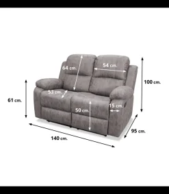 Sofá relax dos plazas Navas tapizado gris, 140cm(Ancho) 100cm (Fondo) 100cm(Alto)