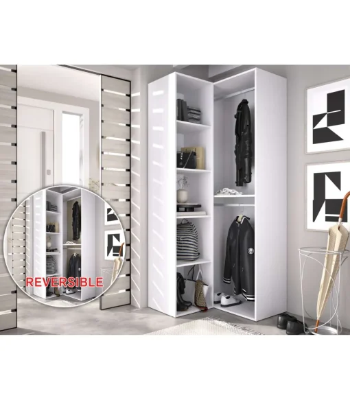 Vestidor de rincón Reus con estantes y trasera reversible en blanco/natural, 205cm(alto) 84.5cm(ancho) 84.5cm(fondo)