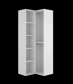 Vestidor de rincón Reus con estantes y trasera reversible en blanco/natural, 205cm(alto) 84.5cm(ancho) 84.5cm(fondo)