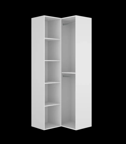 Vestidor de rincón Reus con estantes y trasera reversible en blanco/natural, 205cm(alto) 84.5cm(ancho) 84.5cm(fondo)