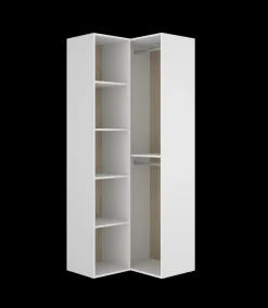 Vestidor de rincón Reus con estantes y trasera reversible en blanco/natural, 205cm(alto) 84.5cm(ancho) 84.5cm(fondo)